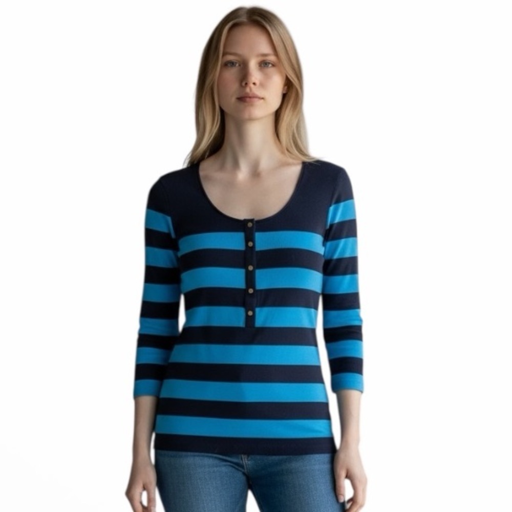 Hugo Boss Women's Striped Long Sleeve Top - Navy and Sky Blue - Casual -Size XS